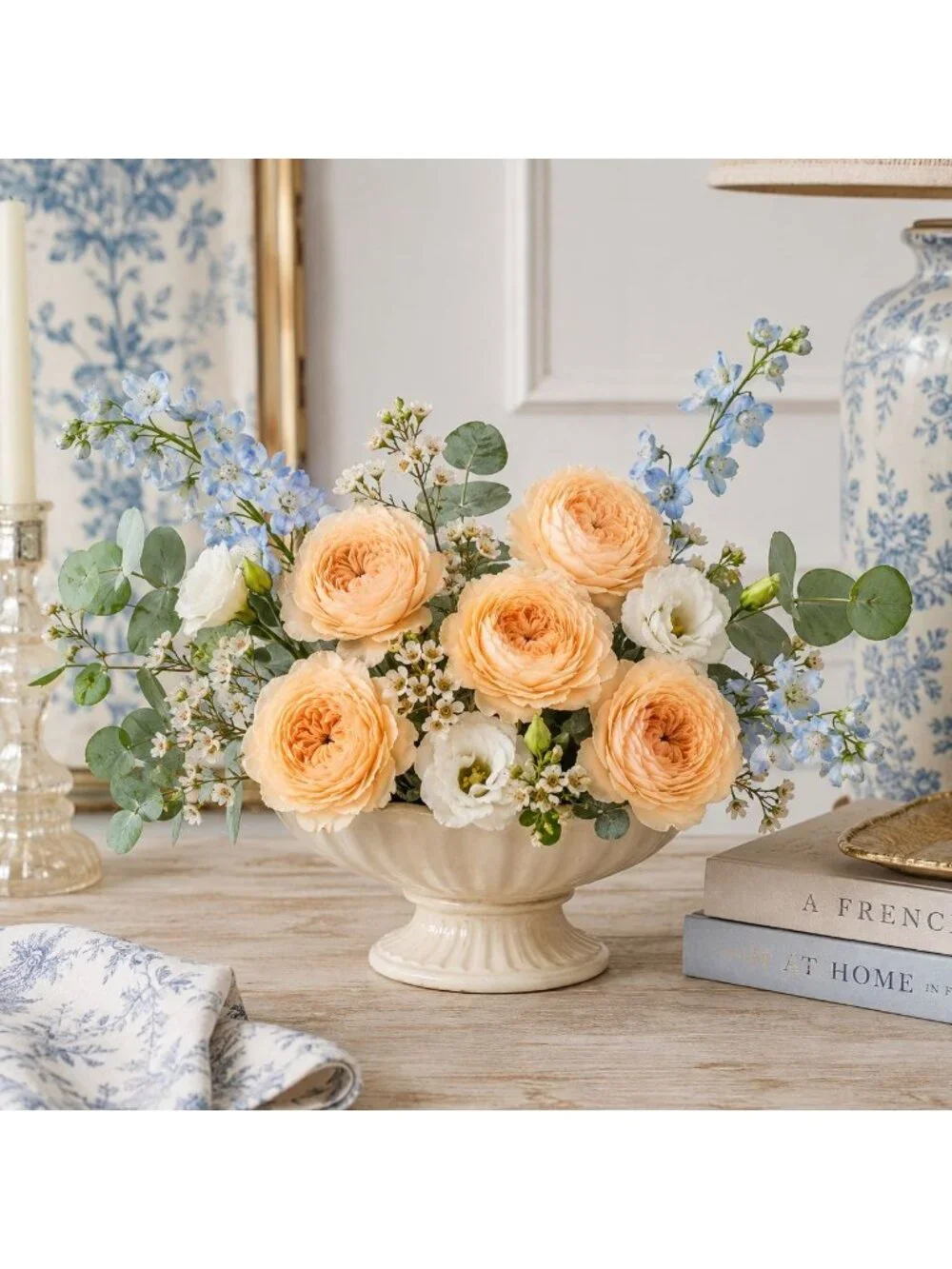 Creamy Peach Artificial Peony Ranunculus Flowers Set of 6 with 7 Inch Wire Stems